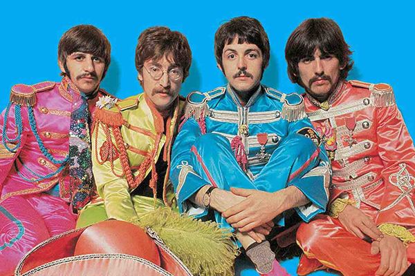 The Beatles in their Sgt. Pepper era colourful military jackets