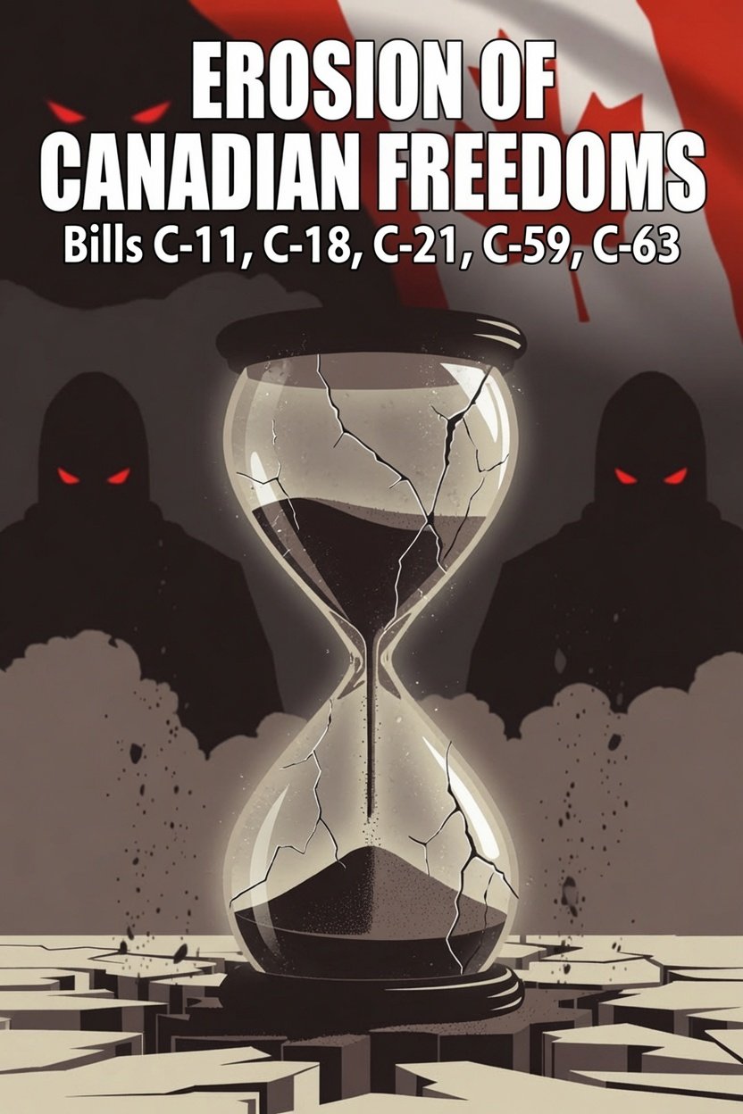 A cracked hourglass in front of a Canadian flag, titled Erosion of Canadian Freedoms, referencing Bills C-11, C-18, C-21, C-59, and C-63