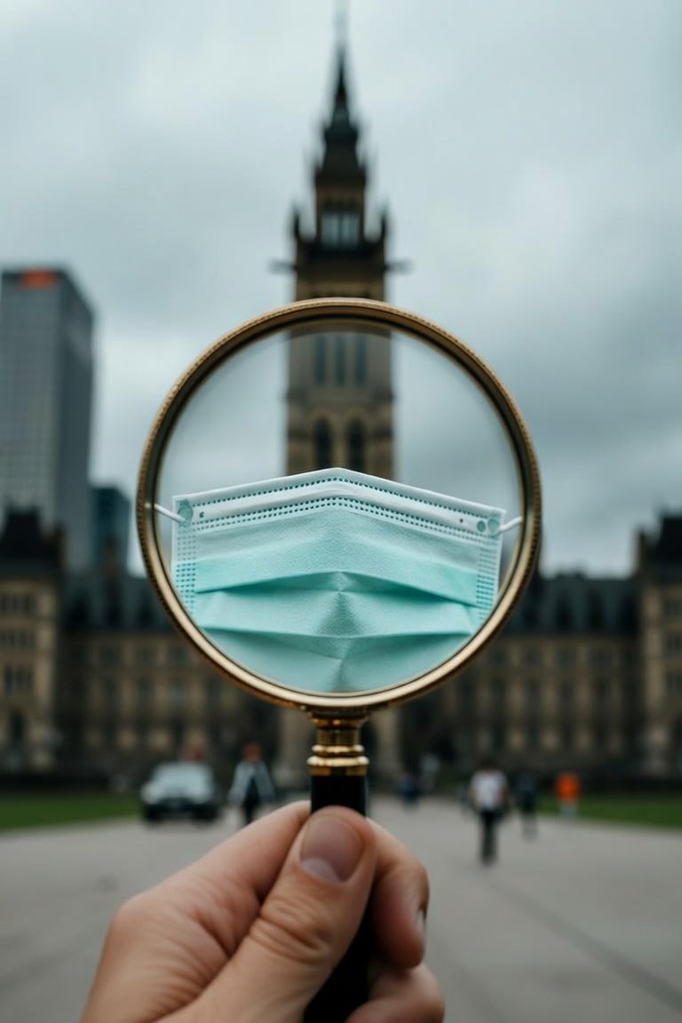 A magnifying glass held up against Parliament Hill in Ottawa frames a surgical mask, symbolizing scrutiny of Canada's COVID-era policy response